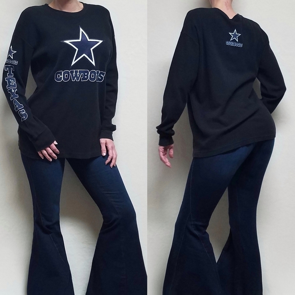 90s Vintage Dallas Cowboys Sada Black Waffle Knit Blue Graphic Thermal Tee L